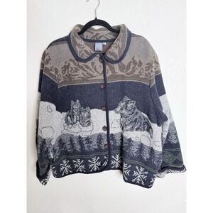 Vtg IVY Wool Blend Cardigan Sweater Women XL Animal‎ Print USA Winter